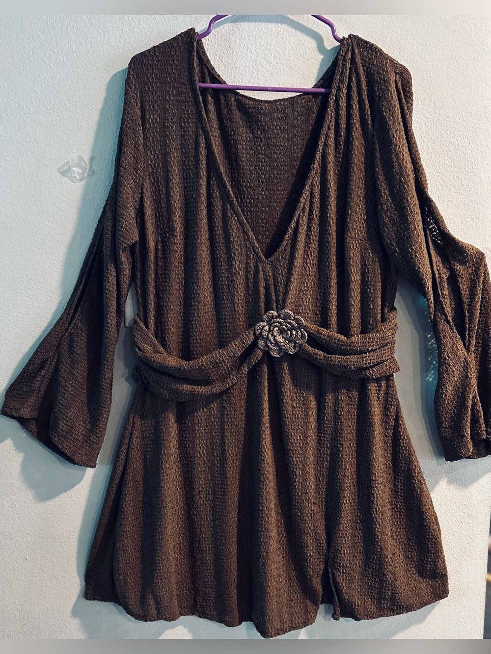 ASOS DESIGN Brown Crochet Mini Dress Plunge V-Neck Split Slv 3D Corsage XL NWOT - Picture 6 of 10